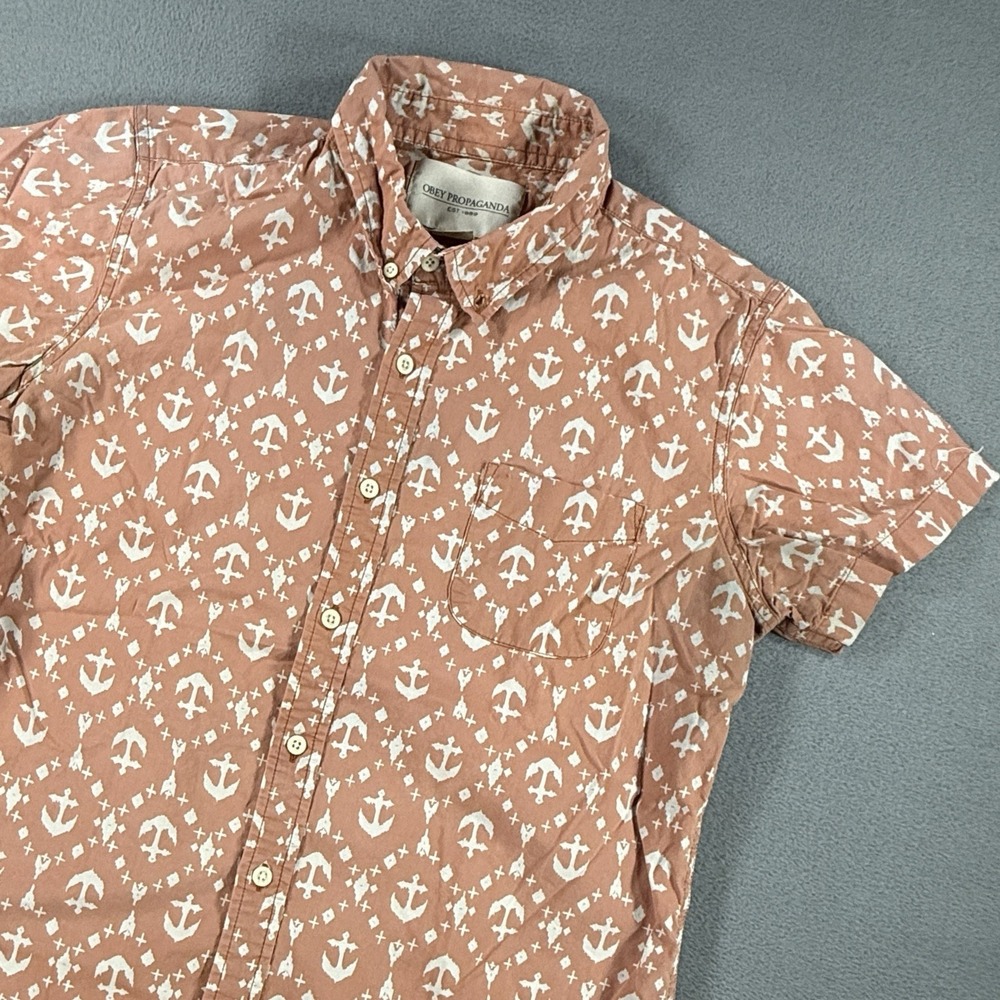 Obey Propaganda Mens Brown Orange Anchor Print Button Up Shirt Size Medium